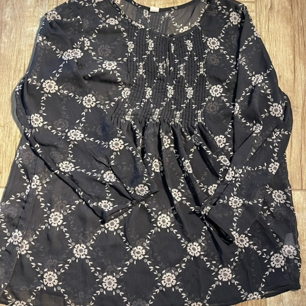 Old Navy Womens XL Navy Blue Floral Pintuck Peasant Tunic Top Long Sleeve‎ Shirt